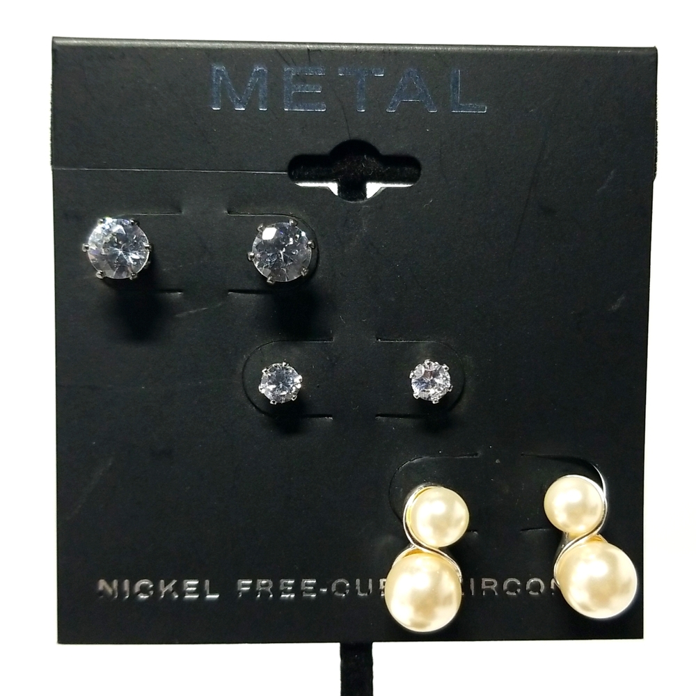 Metal Cubic Zirconia Faux Gemstone & Pearl Womens 3 Earrings
